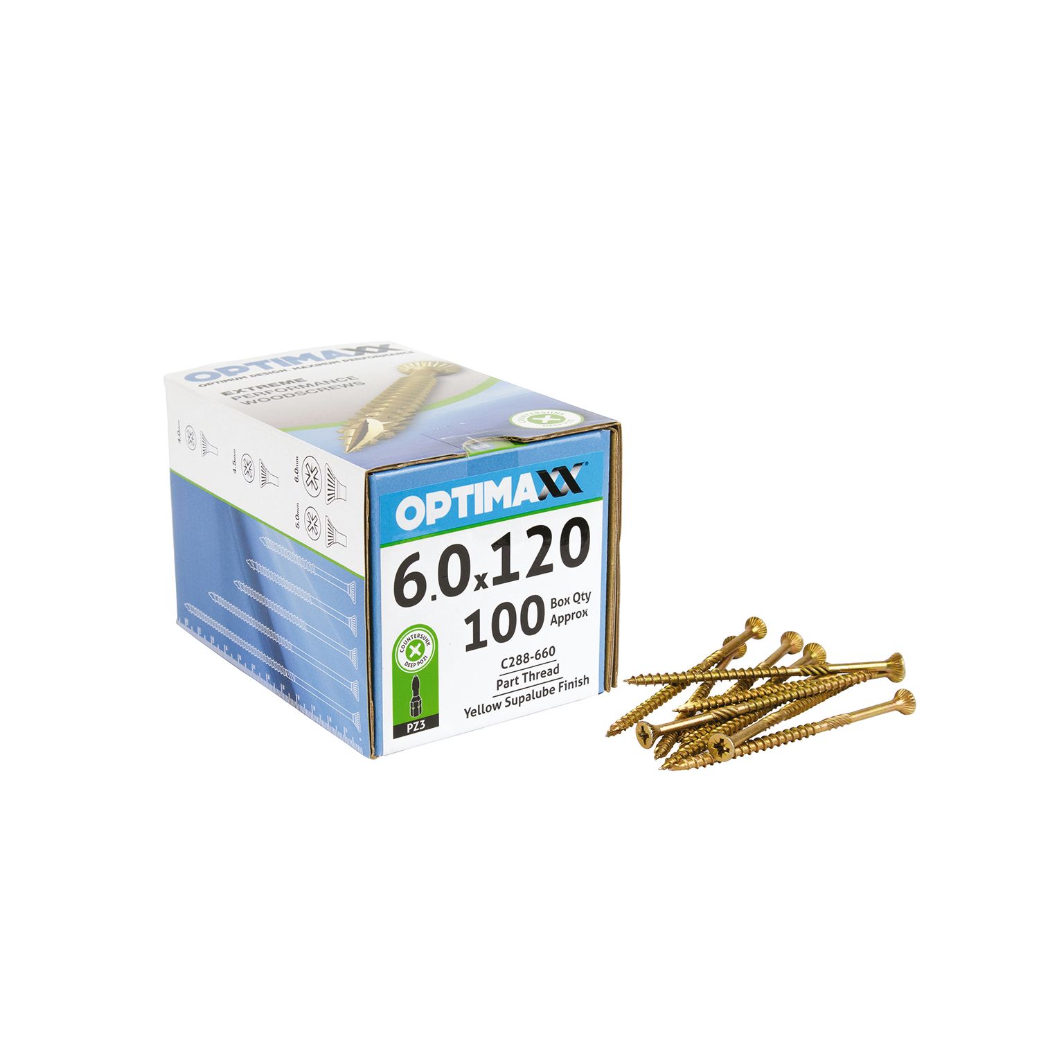 Optimaxx PZ Countersunk Wood Screws 6mm x 120mm 100 Pack (146TY)