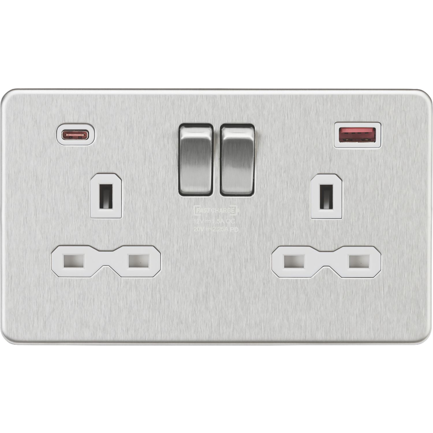 Knightsbridge Screwless 13A 2-Gang DP Switched Socket + 2.25A 45W 2-Outlet Type A & C USB Charger Brushed Chrome with White Inserts (146YA)