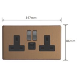 Varilight  13A 2-Gang SP Switched Socket + 4A 20W 2-Outlet Type A & C USB Charger Brushed Bronze with Black Inserts