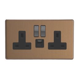 Varilight  13A 2-Gang SP Switched Socket + 4A 20W 2-Outlet Type A & C USB Charger Brushed Bronze with Black Inserts