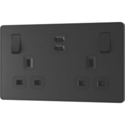 British General Evolve 13A 2-Gang SP Switched Socket + 3.25A 22W 2-Outlet Type C USB Charger Matt Black with Black Inserts