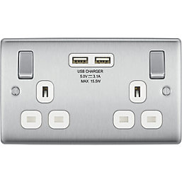 British General Nexus Metal 13A 2-Gang SP Switched Socket + 3.1A 2-Outlet Type A USB Charger Brushed Steel with White Inserts