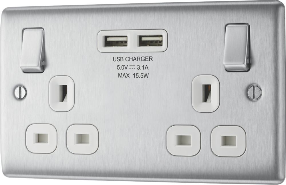 British General Nexus Metal 13A 2-Gang SP Switched Socket + 3.1A 15.5W 2-Outlet Type A USB Charger Brushed Steel with White Inserts