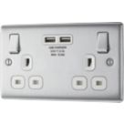 British General Nexus Metal 13A 2-Gang SP Switched Socket + 3.1A 15.5W 2-Outlet Type A USB Charger Brushed Steel with White Inserts
