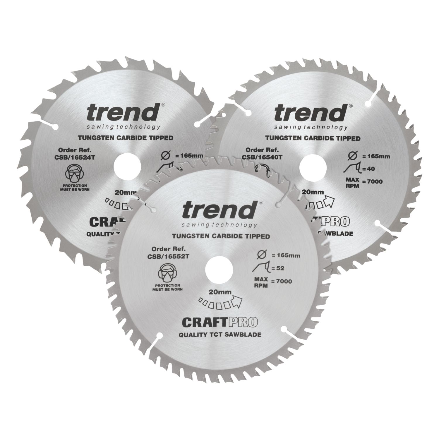 Trend CSB/165/3PK/B Wood TCT Circular Saw Blades 165mm x 20mm 24/40/52T 3 Pieces (151HT)