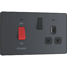 British General Evolve 45A 2-Gang 2-Pole Cooker Switch & 13A DP Switched Socket Grey with LED with Black Inserts