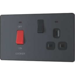 British General Evolve 45A 2-Gang 2-Pole Cooker Switch & 13A DP Switched Socket Grey with LED with Black Inserts