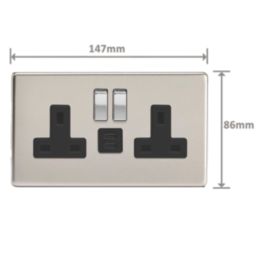 Varilight  13A 2-Gang SP Switched Socket + 3A 45W 2-Outlet Type C USB Charger Satin Chrome with Black Inserts