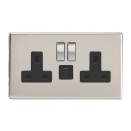 Varilight  13A 2-Gang SP Switched Socket + 3A 45W 2-Outlet Type C USB Charger Satin Chrome with Black Inserts