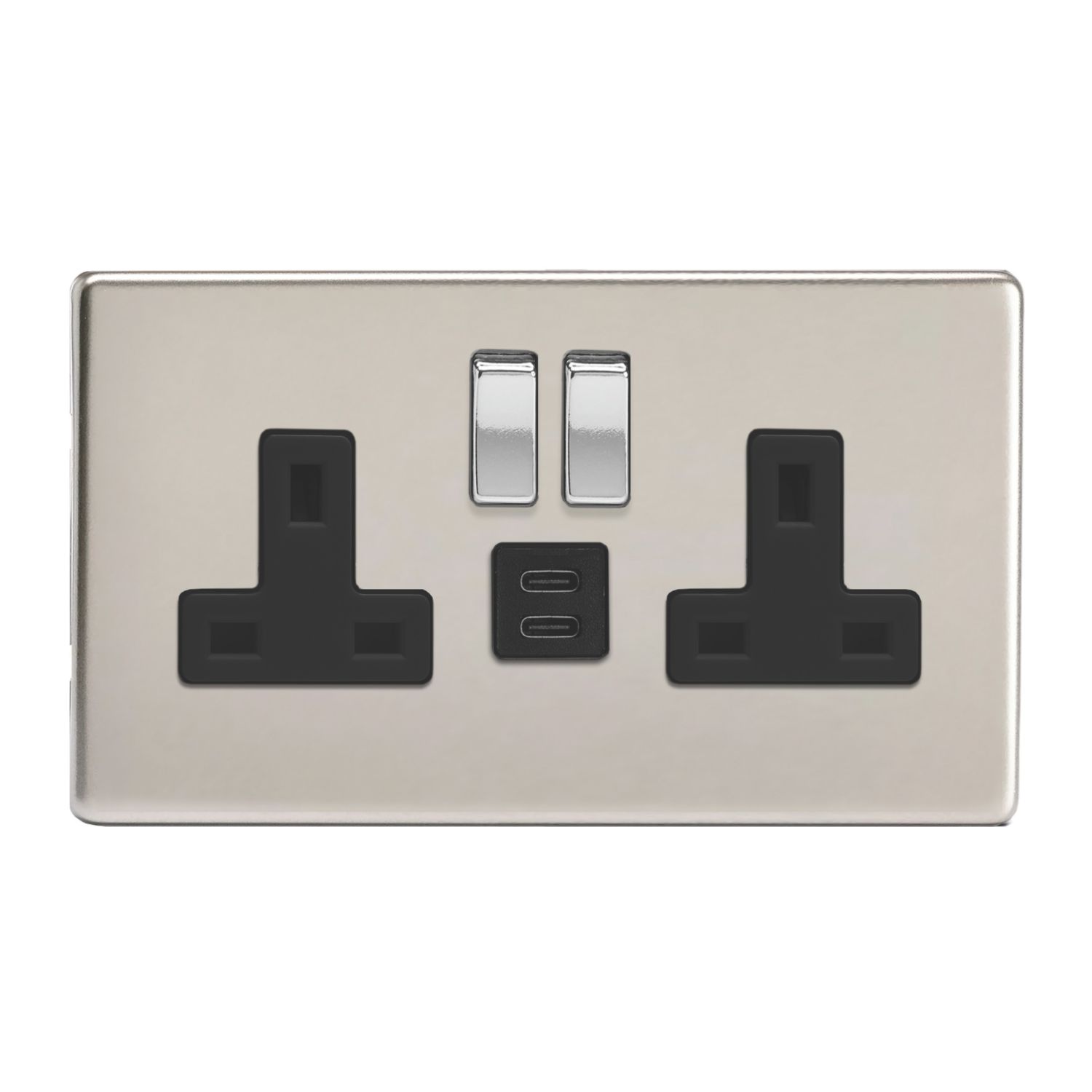 Varilight 13A 2-Gang SP Switched Socket + 3A 45W 2-Outlet Type C USB Charger Satin Chrome with Black Inserts (152EC)