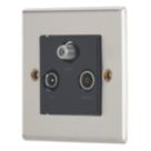 Contactum iConic 1-Gang Coaxial TV / FM & Satellite Socket Brushed Steel with Black Inserts