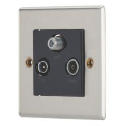 Contactum iConic 1-Gang Coaxial TV / FM & Satellite Socket Brushed Steel with Black Inserts