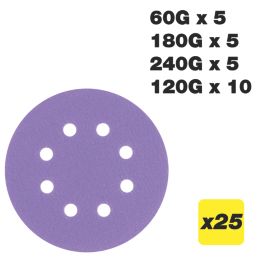 Trend  AB/125/M25 60, 120 & 180 & 240 Grit 8-Hole Punched Multi-Material Random Orbital Sanding Discs 125mm 25 Pack