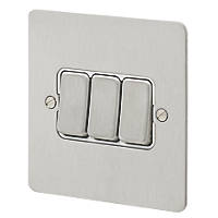 MK Edge 10AX 3-Gang 2-Way Switch  Brushed Stainless Steel with White Inserts