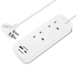 Refurb Masterplug 13A 2-Gang Unswitched  Travel Extension Lead (UK to USA) + 3.4A 2-Outlet Type A & C USB Charger White 0.45m