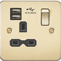 Knightsbridge FPR9124BB 13A 1-Gang SP Switched Socket + 2.4A 2-Outlet Type A USB Charger Brushed Brass with Black Inserts