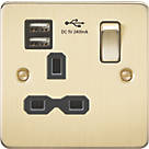 Knightsbridge  13A 1-Gang SP Switched Socket + 2.4A 2-Outlet Type A USB Charger Brushed Brass with Black Inserts