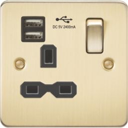 Knightsbridge FPR9124BB 13A 1-Gang SP Switched Socket + 2.4A 2-Outlet Type A USB Charger Brushed Brass with Black Inserts