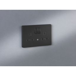 Knightsbridge  13A 2-Gang DP Switched Socket & Night Light Matt Black  with Black Inserts