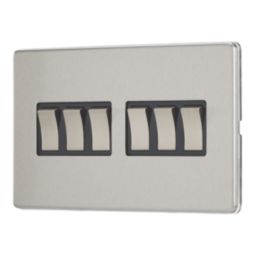 Contactum Lyric 10AX 6-Gang 2-Way Light Switch  Brushed Steel with Black Inserts