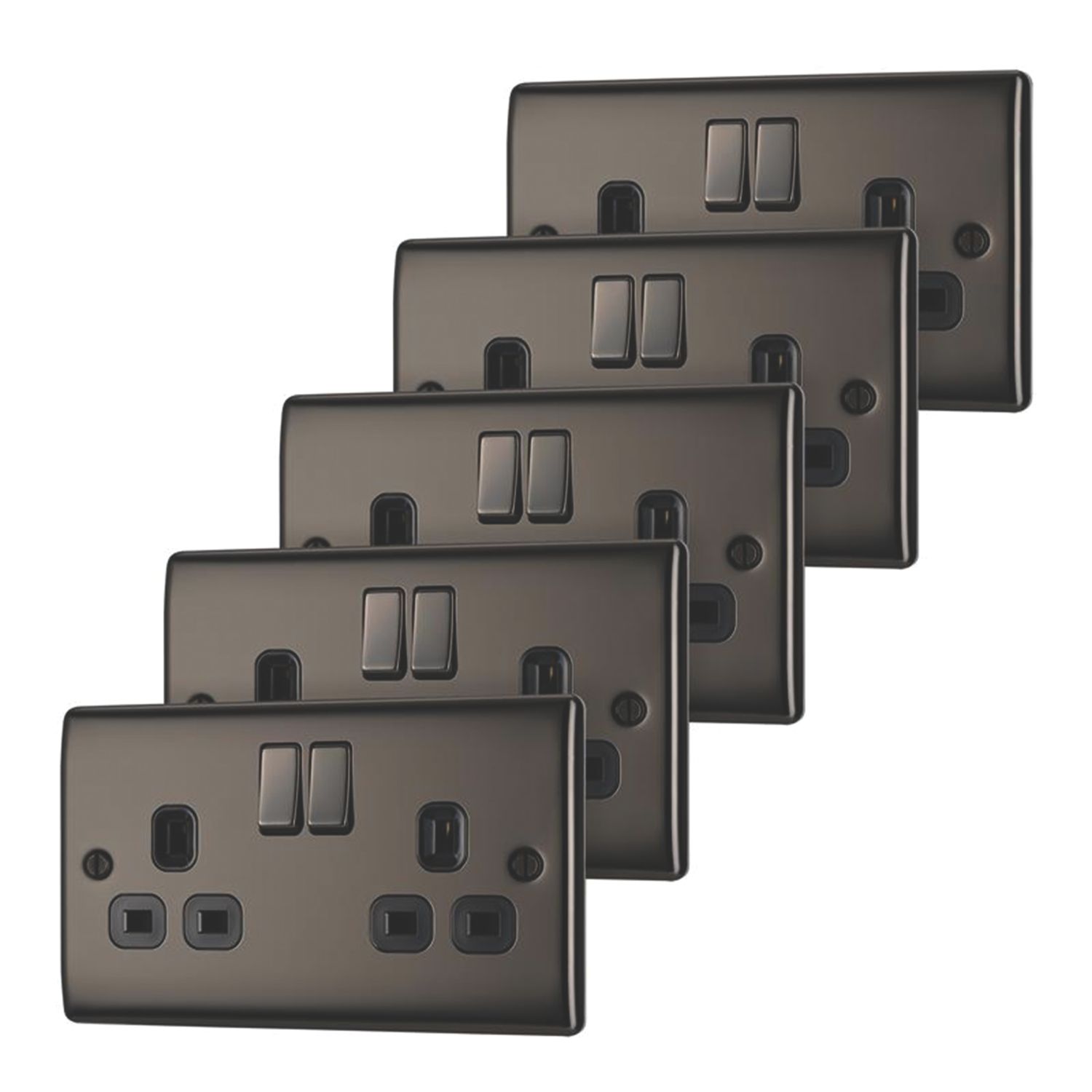 British General Nexus Metal 13A 2-Gang DP Switched Plug Sockets Black Nickel with Black Inserts 5 Pack (159CH)