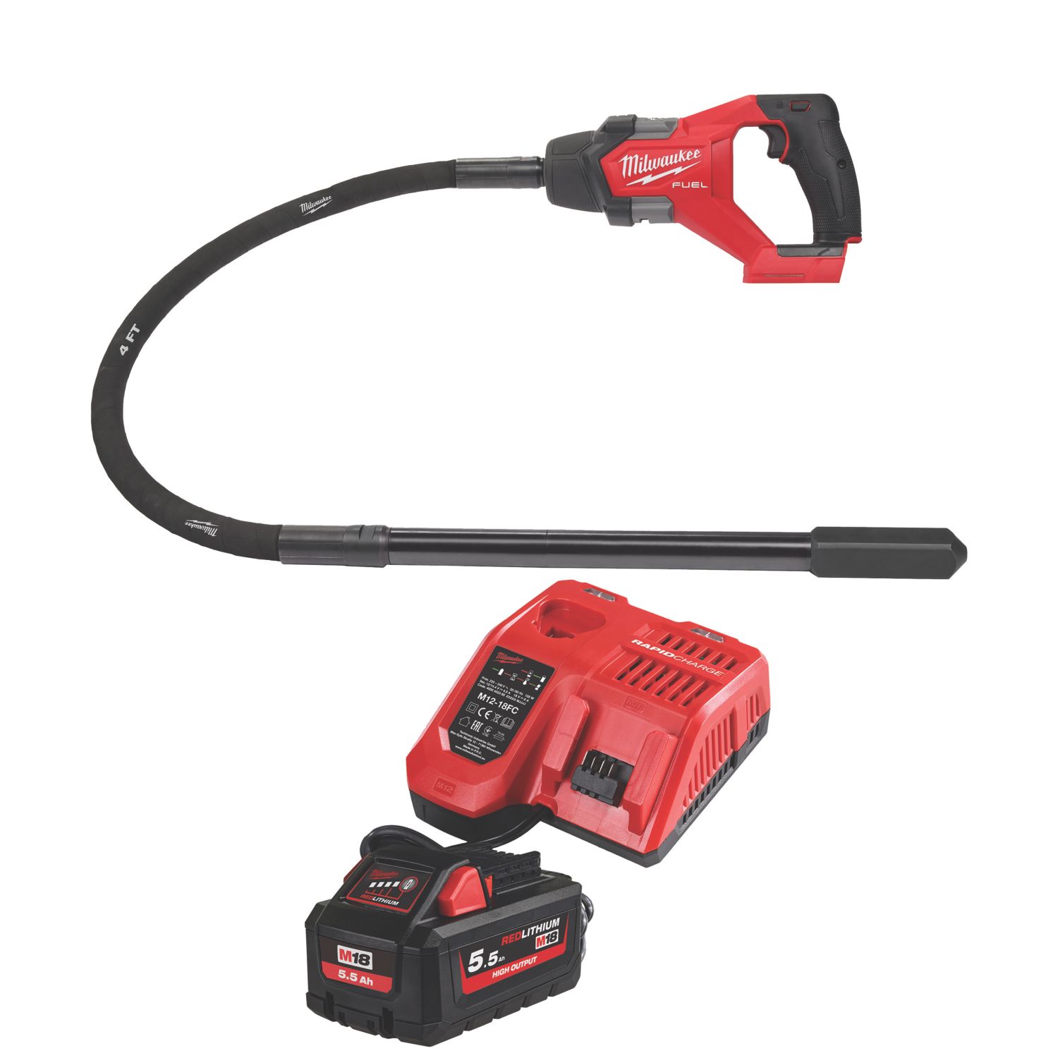 Milwaukee M18 FCVN12-551 FUEL 18V 1 x 5.5Ah Li-Ion RedLithium High Output Brushless Cordless Needle Concrete Vibrating Poker 1.2m (160GE)