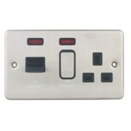 Hager Sollysta WRCC50NBSB 45A 1-Gang 2P+E Cooker Switch Brushed Steel with LED with Black Inserts