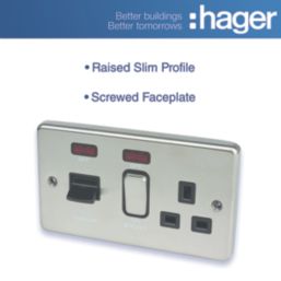 Hager Sollysta WRCC50NBSB 45A 1-Gang 2P+E Cooker Switch Brushed Steel with LED with Black Inserts