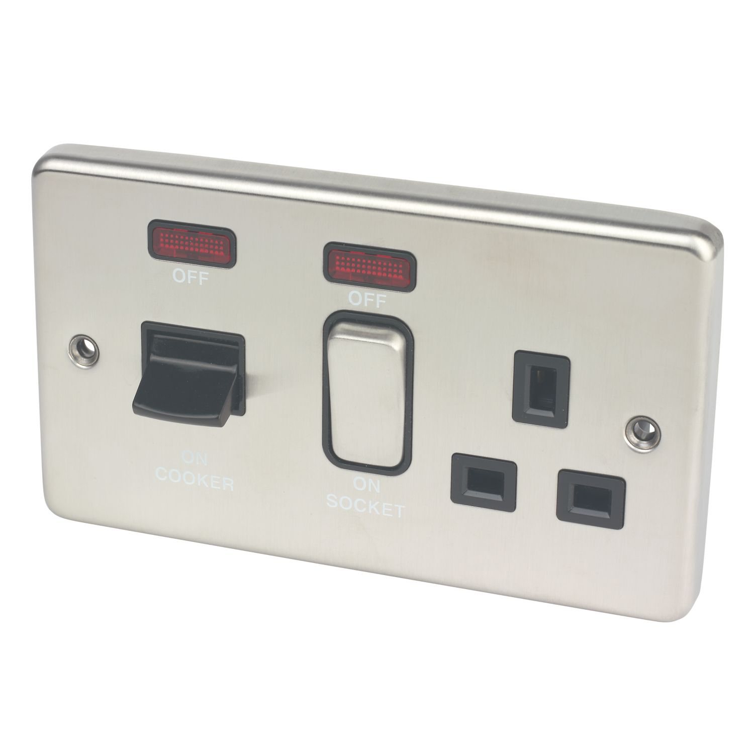 Hager Sollysta WRCC50NBSB 45A 1-Gang 2P+E Cooker Switch Brushed Steel with LED with Black Inserts (162AM)