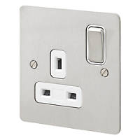 MK Edge 13A 1-Gang DP Switched Plug Socket Brushed Stainless Steel  with White Inserts