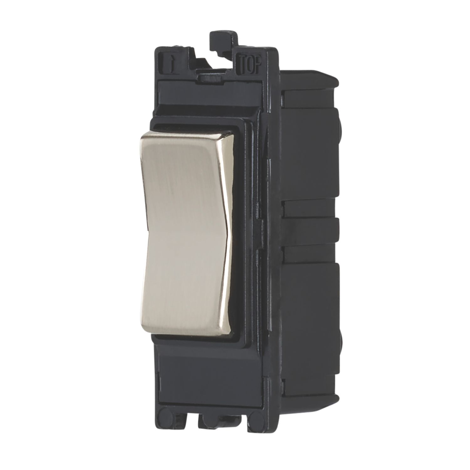 Contactum Decorative 10AX 2-Way Grid Retractive Switch Module 'Press' Off Centre Brushed Steel with Black Inserts (162RV)