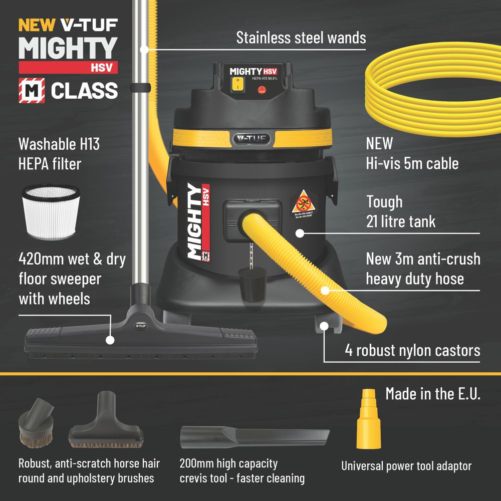 V-Tuf MIGHTYHSV240 1250W 21Ltr M Class Wet & Dry Dust Extractor