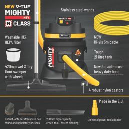 V-Tuf MIGHTYHSV240 1250W 21Ltr M Class Wet & Dry Dust Extractor 240V
