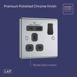 LAP  13A 1-Gang SP Switched Socket + 3A 18W 2-Outlet Type A & C USB Charger Polished Chrome with Black Inserts