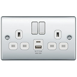 British General Nexus Metal 13A 2-Gang SP Switched Socket + 2.4A 12W 2-Outlet Type A & C USB Charger Polished Chrome with White Inserts