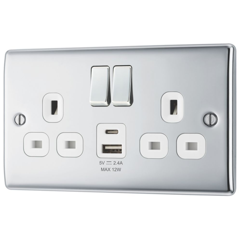 British General Nexus Metal 13A 2-Gang SP Switched Socket + 2.4A 12W 2-Outlet Type A & C USB Charger Polished Chrome with White Inserts