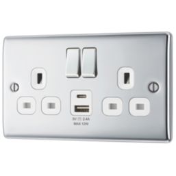 British General Nexus Metal 13A 2-Gang SP Switched Socket + 2.4A 12W 2-Outlet Type A & C USB Charger Polished Chrome with White Inserts