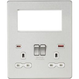 Knightsbridge SFR994BCW 13A 2-Gang DP Combination Plate + 4.0A 18W 2-Outlet Type A & C USB Charger Brushed Chrome with White Inserts