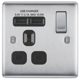 British General Nexus Metal 13A 1-Gang SP Switched Socket + 2.1A 10.5W 2-Outlet Type A USB Charger Brushed Steel with Black Inserts