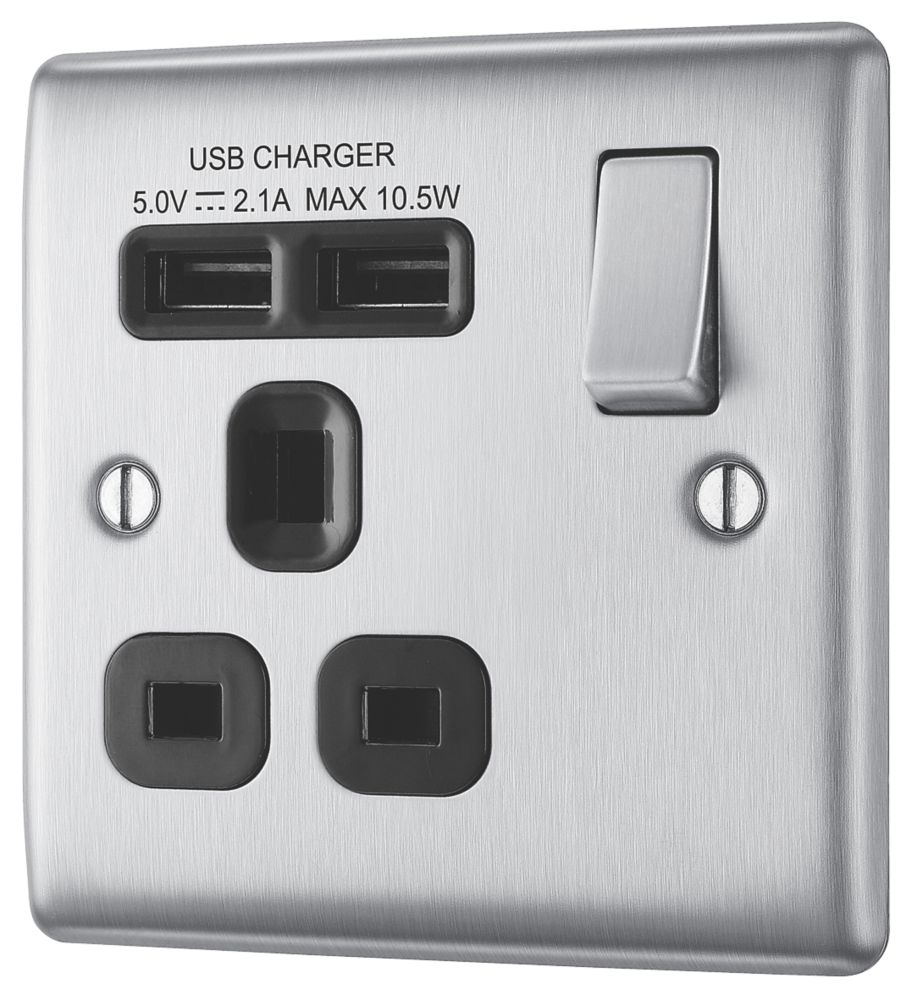 British General Nexus Metal 13A 1-Gang SP Switched Socket + 2.1A 10.5W 2-Outlet Type A USB Charger Brushed Steel with Black Inserts