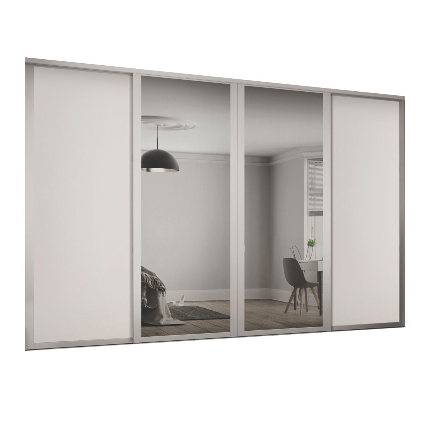 Spacepro Shaker 4-Door Sliding Wardrobe Door Kit Cashmere Frame Cashmere / Mirror Panel 2898mm x 2260mm (166GP)
