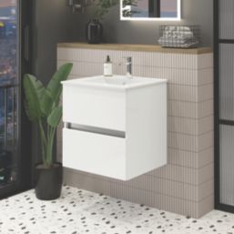 Newland  Double Drawer Wall-Mounted Vanity Unit with Basin Gloss White 600mm x 450mm x 540mm