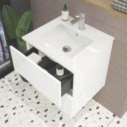 Newland  Double Drawer Wall-Mounted Vanity Unit with Basin Gloss White 600mm x 450mm x 540mm