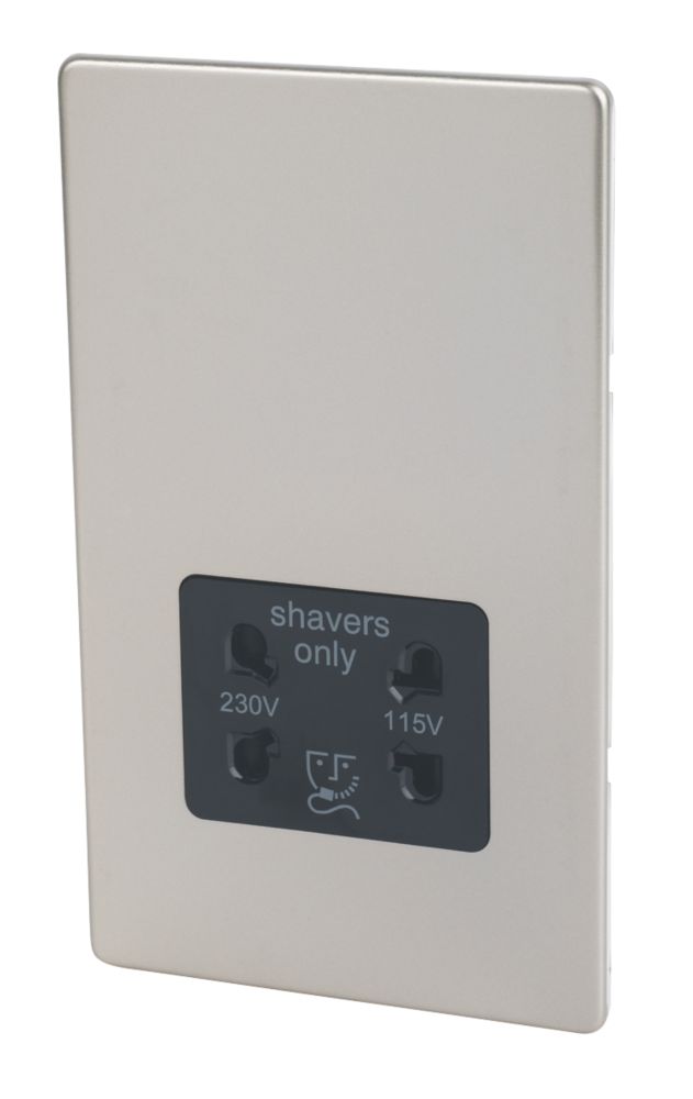 Varilight  2-Gang Dual Voltage Shaver Socket 115 / 230V Satin Chrome with Black Inserts