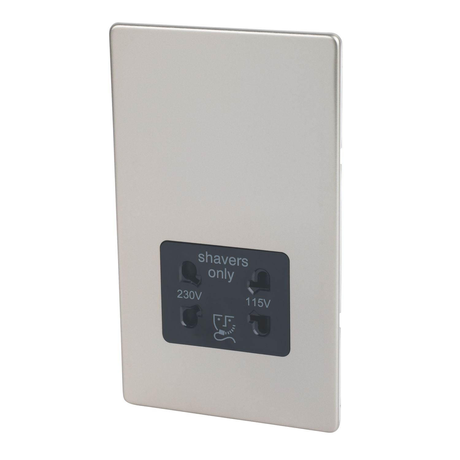 Varilight 2-Gang Dual Voltage Shaver Socket 115 / 230V Satin Chrome with Black Inserts (1687H)