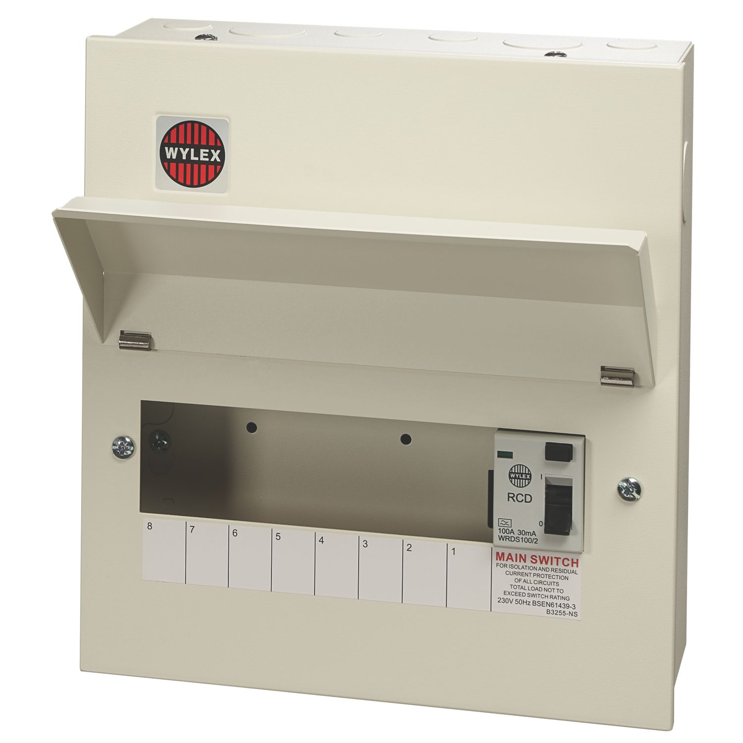 Wylex 10-Module 8-Way Part-Populated RCD Incomer Consumer Unit (168JK)