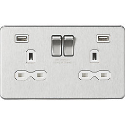 Knightsbridge  13A 2-Gang SP Switched Socket + 2.4A 12W 2-Outlet Type A USB Charger Brushed Chrome with White Inserts