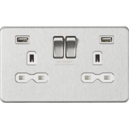 Knightsbridge  13A 2-Gang SP Switched Socket + 2.4A 12W 2-Outlet Type A USB Charger Brushed Chrome with White Inserts
