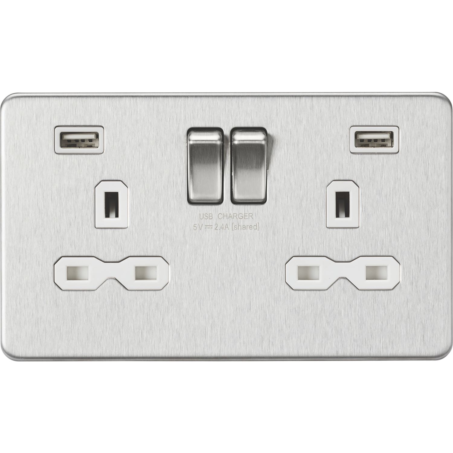 Knightsbridge 13A 2-Gang SP Switched Socket + 2.4A 12W 2-Outlet Type A USB Charger Brushed Chrome with White Inserts (168TY)