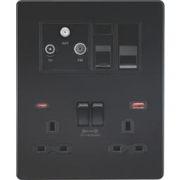 Knightsbridge SFR994MBB 13A 2-Gang DP Combination Plate + 4.0A 18W 2-Outlet Type A & C USB Charger Matt Black with Black Inserts